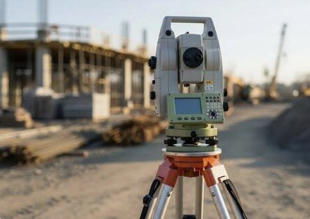 Total station set up for layout on an active construction site